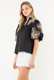 Emboidered Sleeve V Neck Ruffle Top