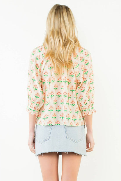 Long Sleeve Floral Pattern Tassel Top