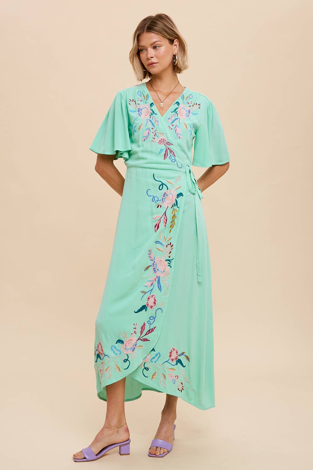 Floral Embroidered Wrap Midi Dress