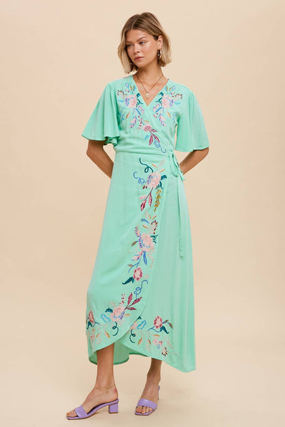 Floral Embroidered Wrap Midi Dress