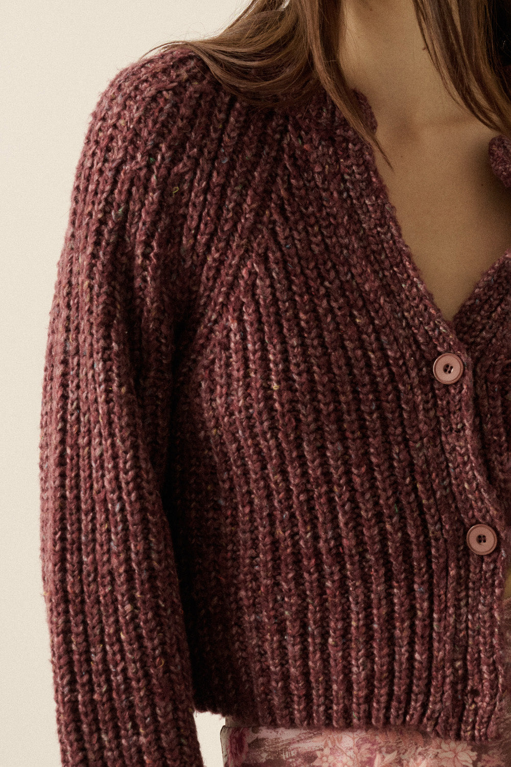 Button-Front Ribbed-Knit Cardigan Plum