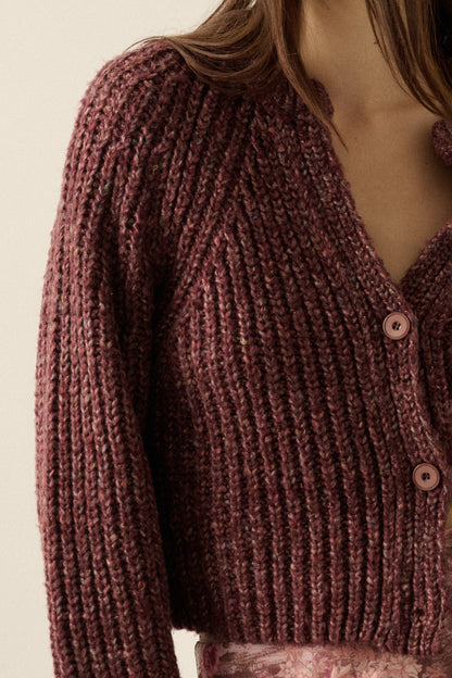 Button-Front Ribbed-Knit Cardigan Plum