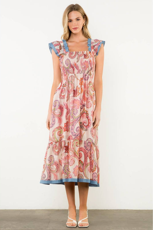 Smocked Flutter Sleeve Paisley Print Dress