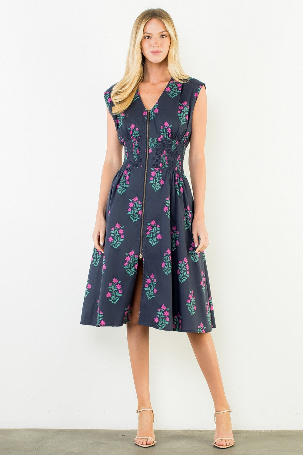 Sleeveless Floral Midi Dress Navy