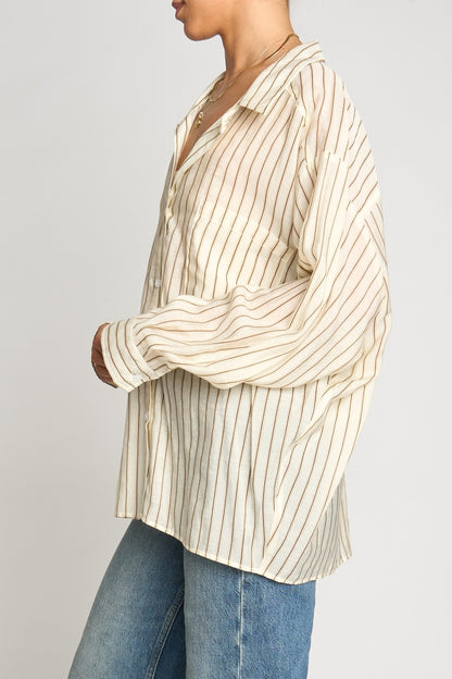 Striped Button Down Shirt With Pocket Beige