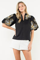 Emboidered Sleeve V Neck Ruffle Top
