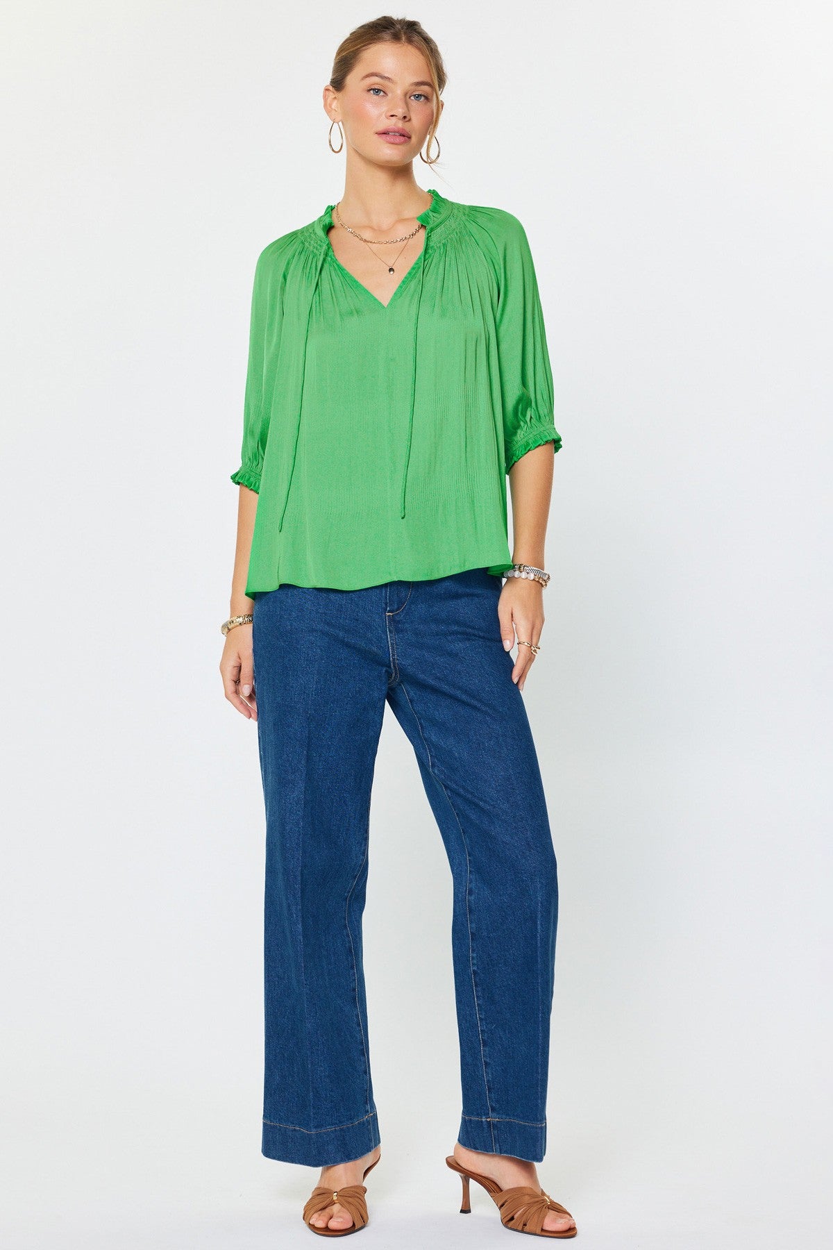 Tie Front Pleated Blouse Spring Green