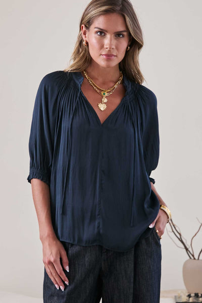 Tie Front Pleated Blouse Dark Navy