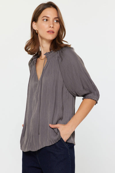 Tie Front Pleated Blouse Charcoal
