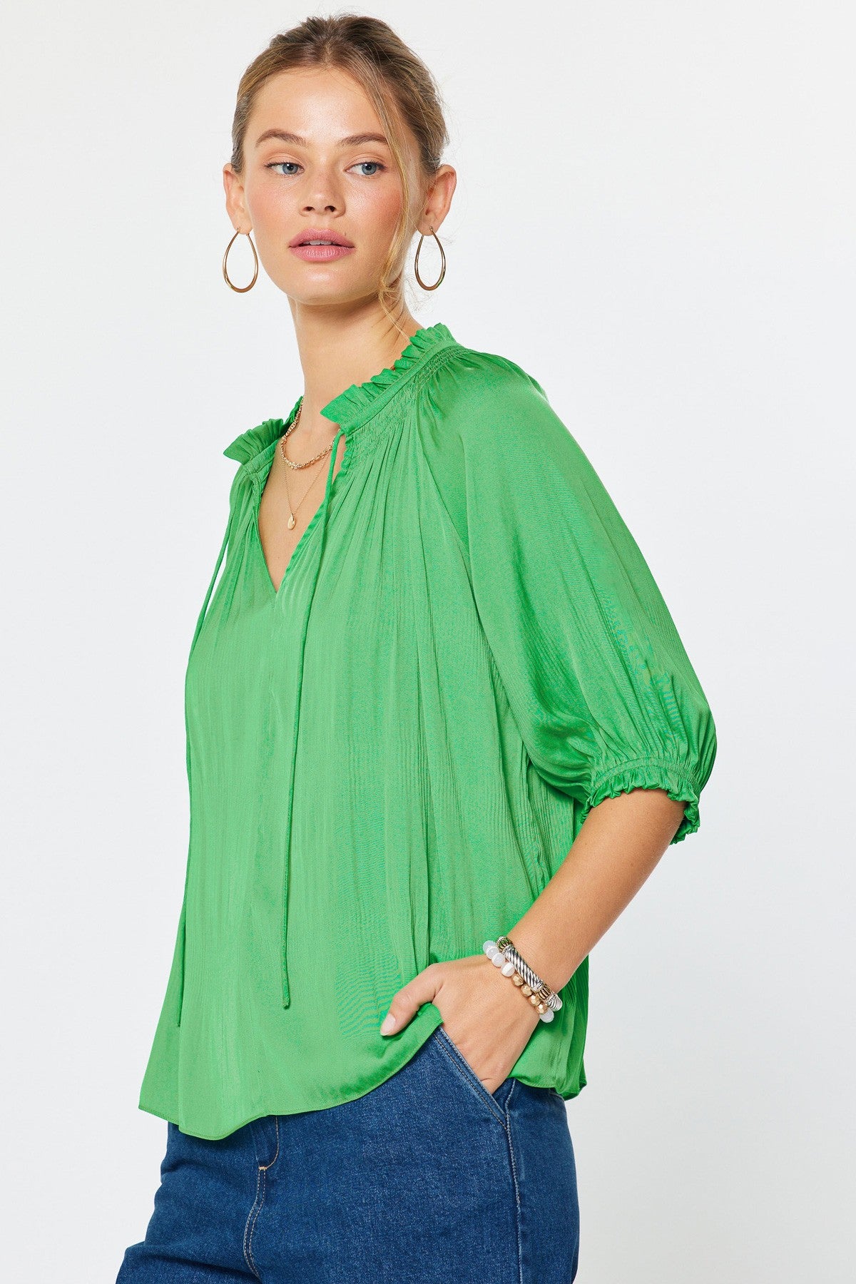 Tie Front Pleated Blouse Spring Green