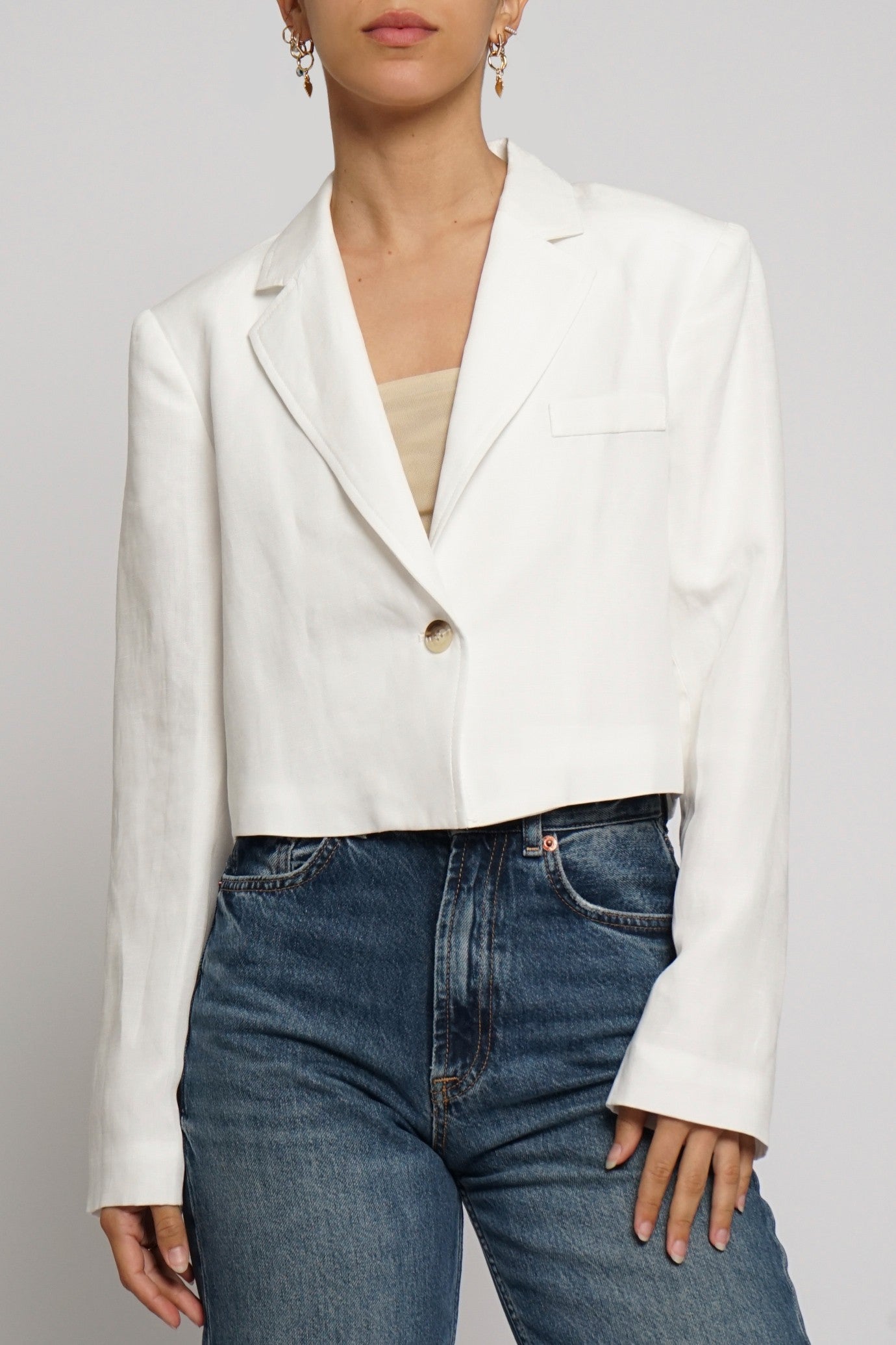 Cropped Boxy Linen Jacket White