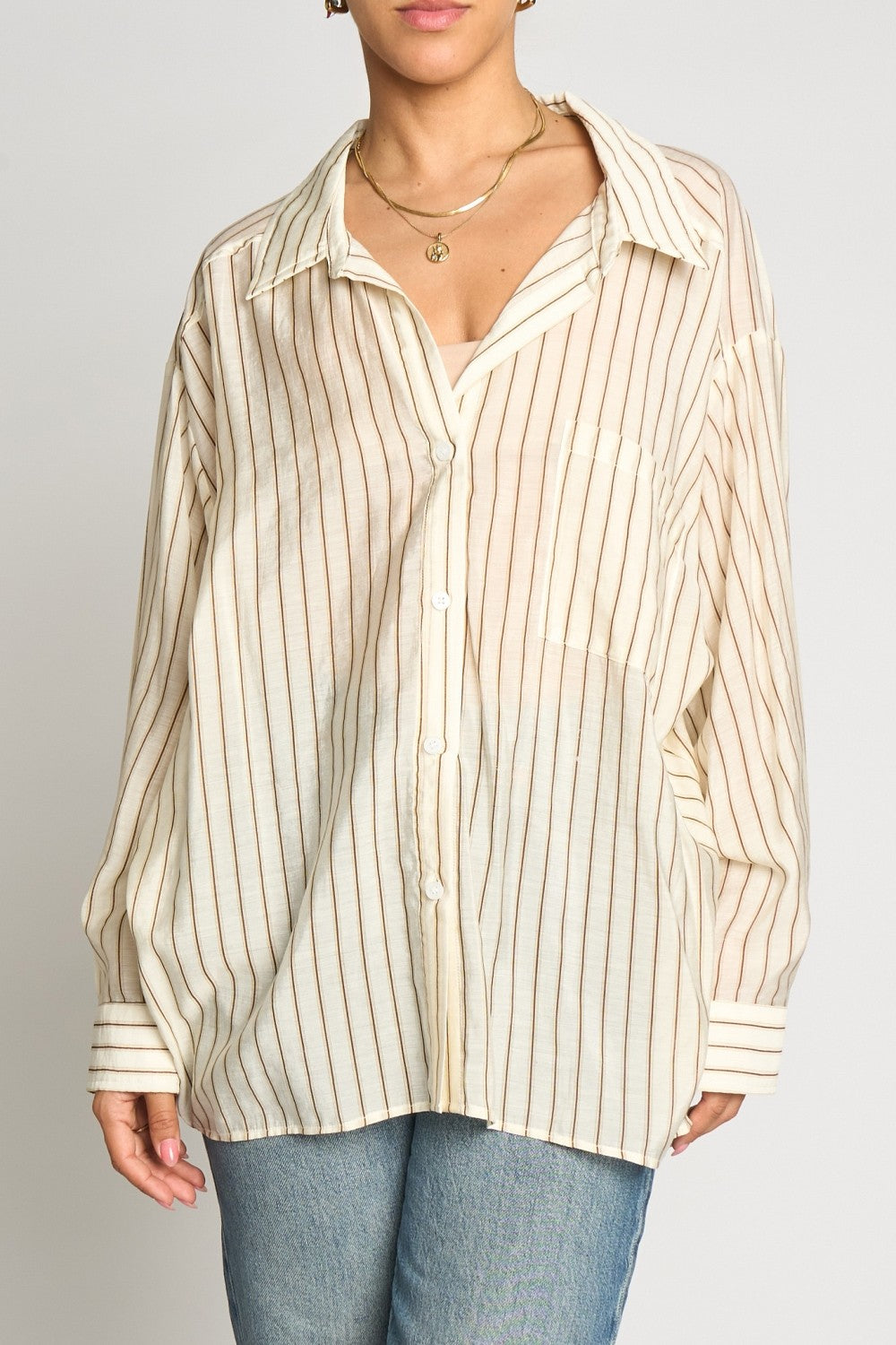Striped Button Down Shirt With Pocket Beige