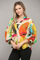 Abstract Print Bubble Sleeve Blouse