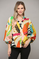 Abstract Print Bubble Sleeve Blouse