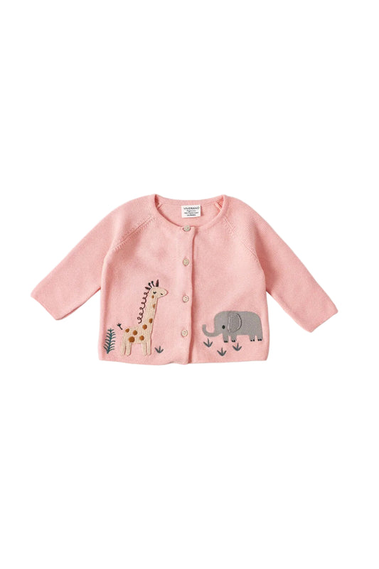 Animal Safari Embroidered Baby Cardigan Pink