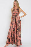 Autumn Floral Satin Halter Maxi