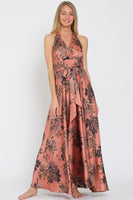 Autumn Floral Satin Halter Maxi