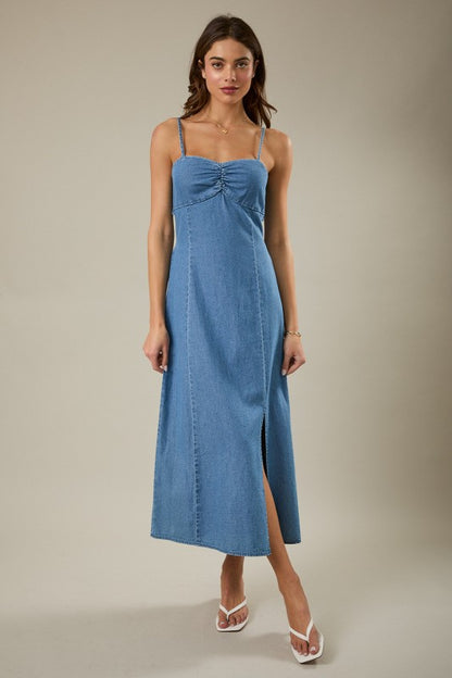 Back Tie Denim Midi Dress