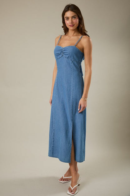 Back Tie Denim Midi Dress