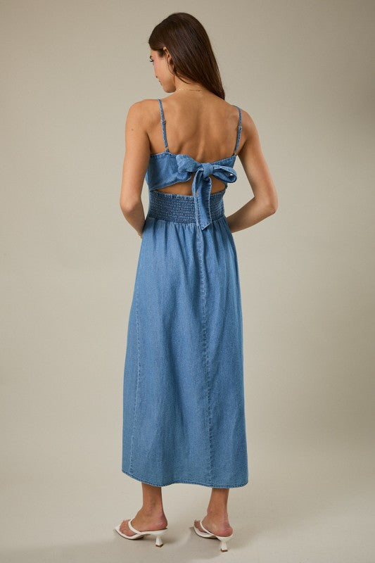 Back Tie Denim Midi Dress