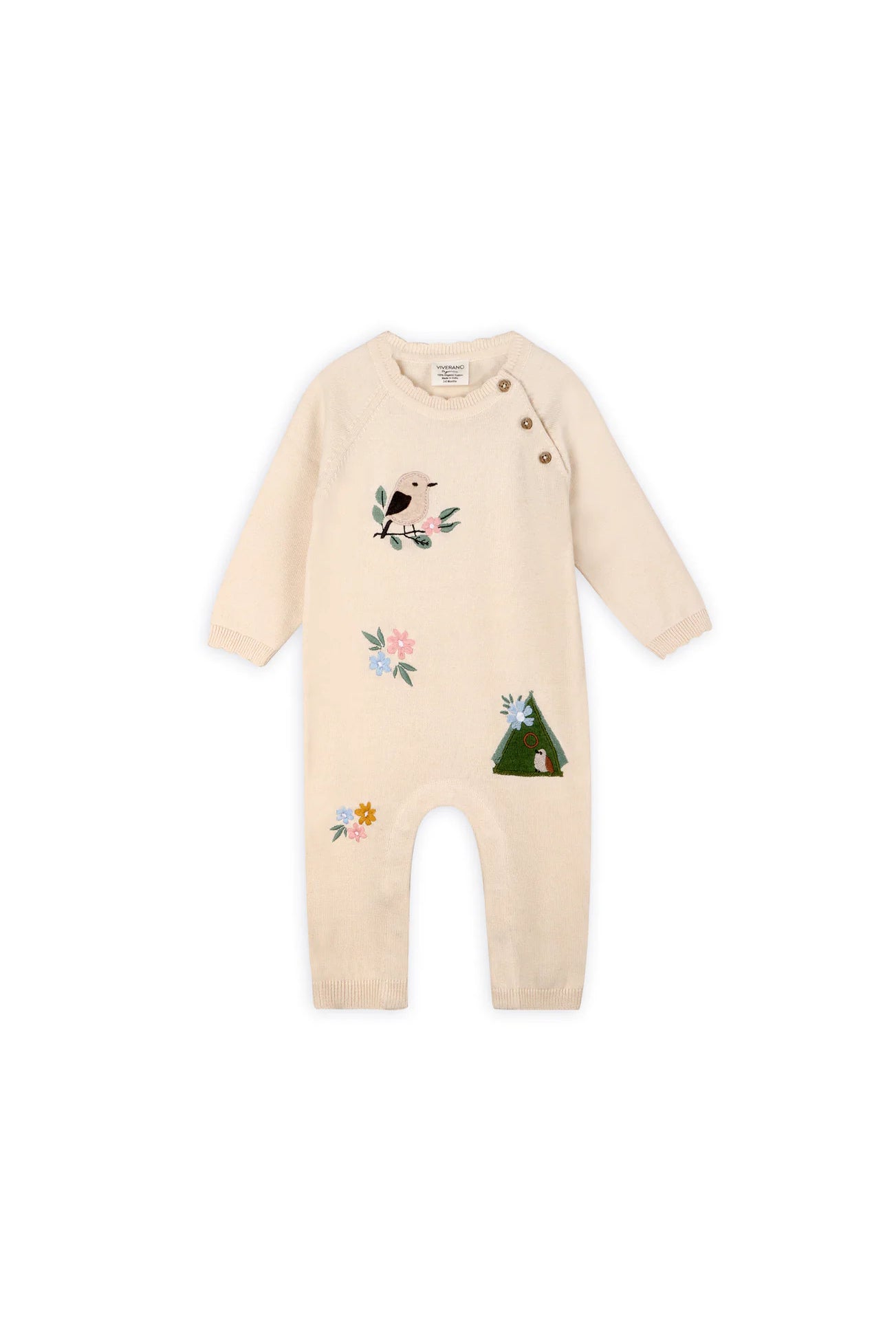 Bird & Floral Embroidered Baby Knit Jumpsuit