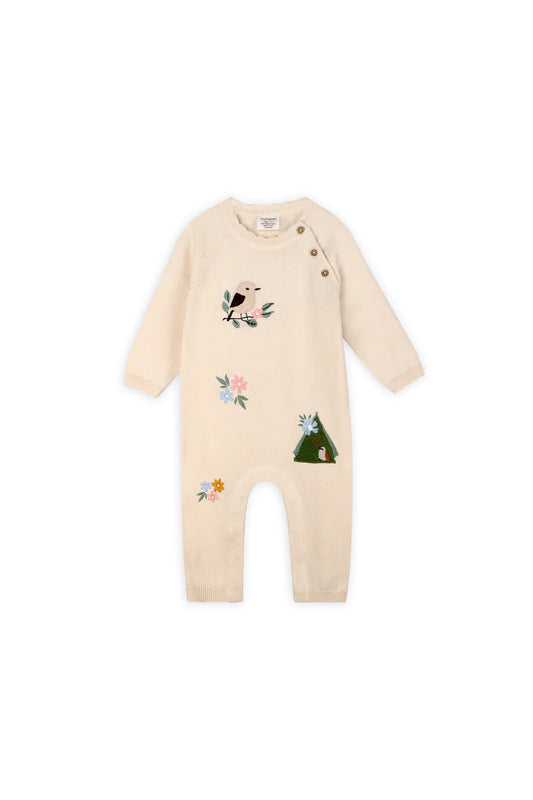 Bird & Floral Embroidered Baby Knit Jumpsuit