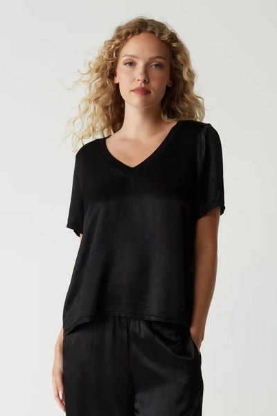 Black Jodi Satin V-Neck Top