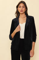 Black Ruched Sleeve Velvet Blazer