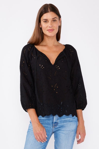 Black Scallop Hem Eyelet Blouse