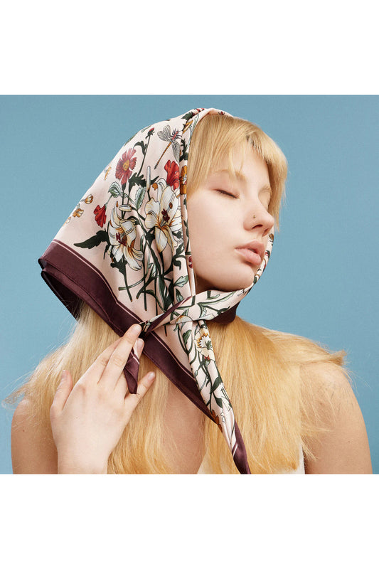 Botanical Floral Square Scarf Pink