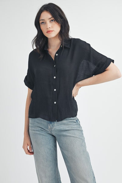 Boxy Short Sleeve Button Down Black