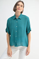 Boxy Short Sleeve Button Down Turquoise