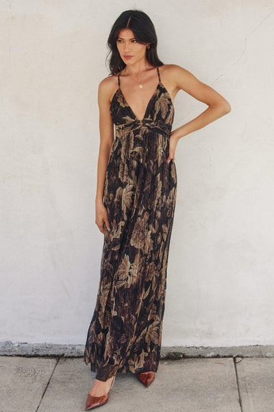 Bronze Night Rhythm Plunging Maxi Dress