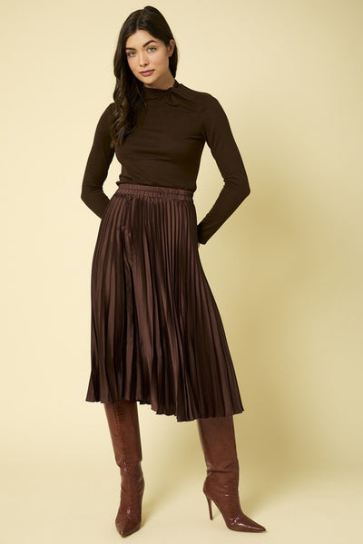 Brown Sunburst Pleated Satin Skirt