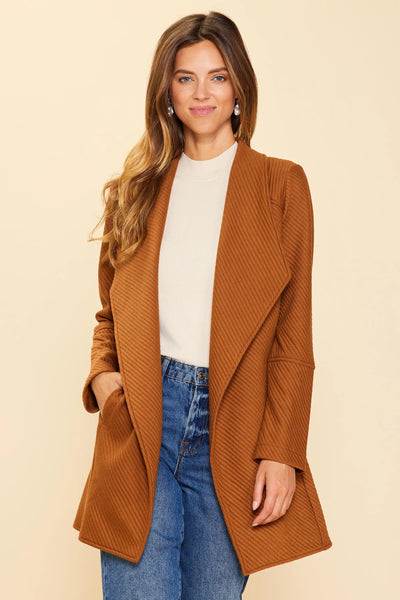 Camel Ribbed Open Front Cardigan