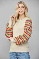 Color Stripe Sleeve Scalloped Sweater