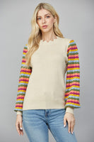 Color Stripe Sleeve Scalloped Sweater