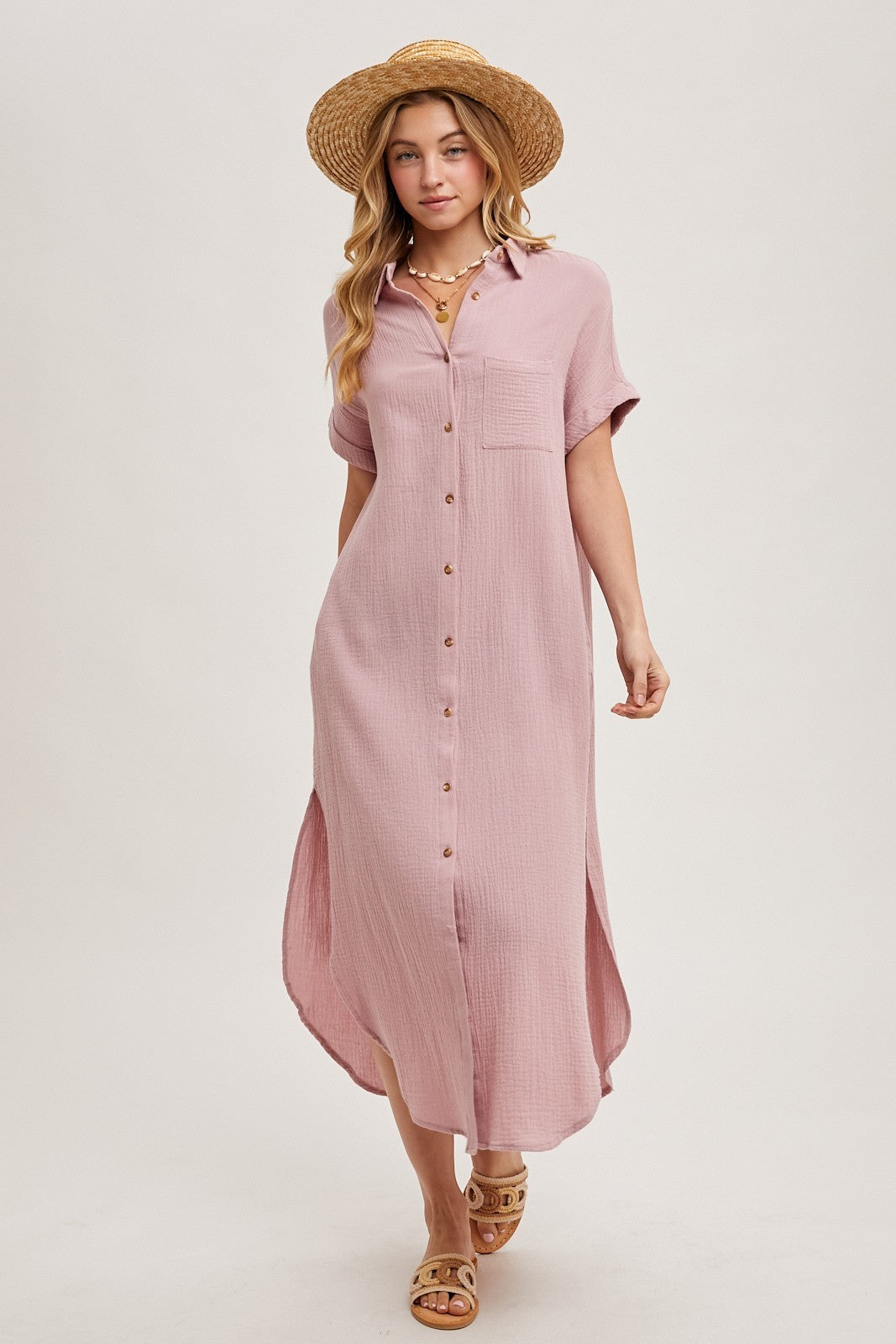 Cotton Maxi Shirt Dress Dusty Pink