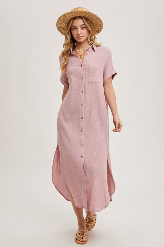 Cotton Maxi Shirt Dress Dusty Pink