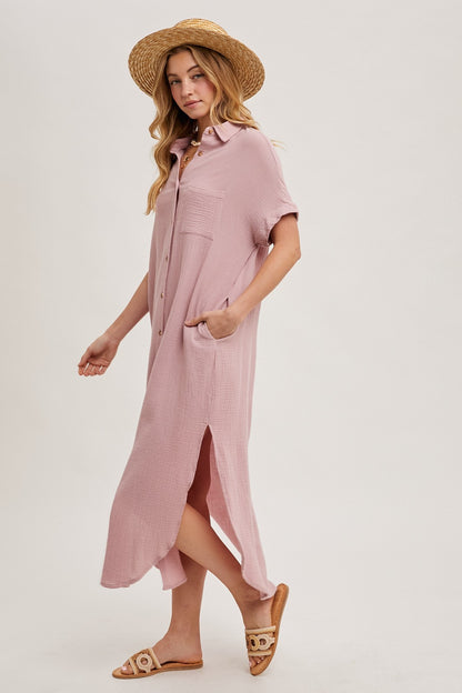 Cotton Maxi Shirt Dress Dusty Pink