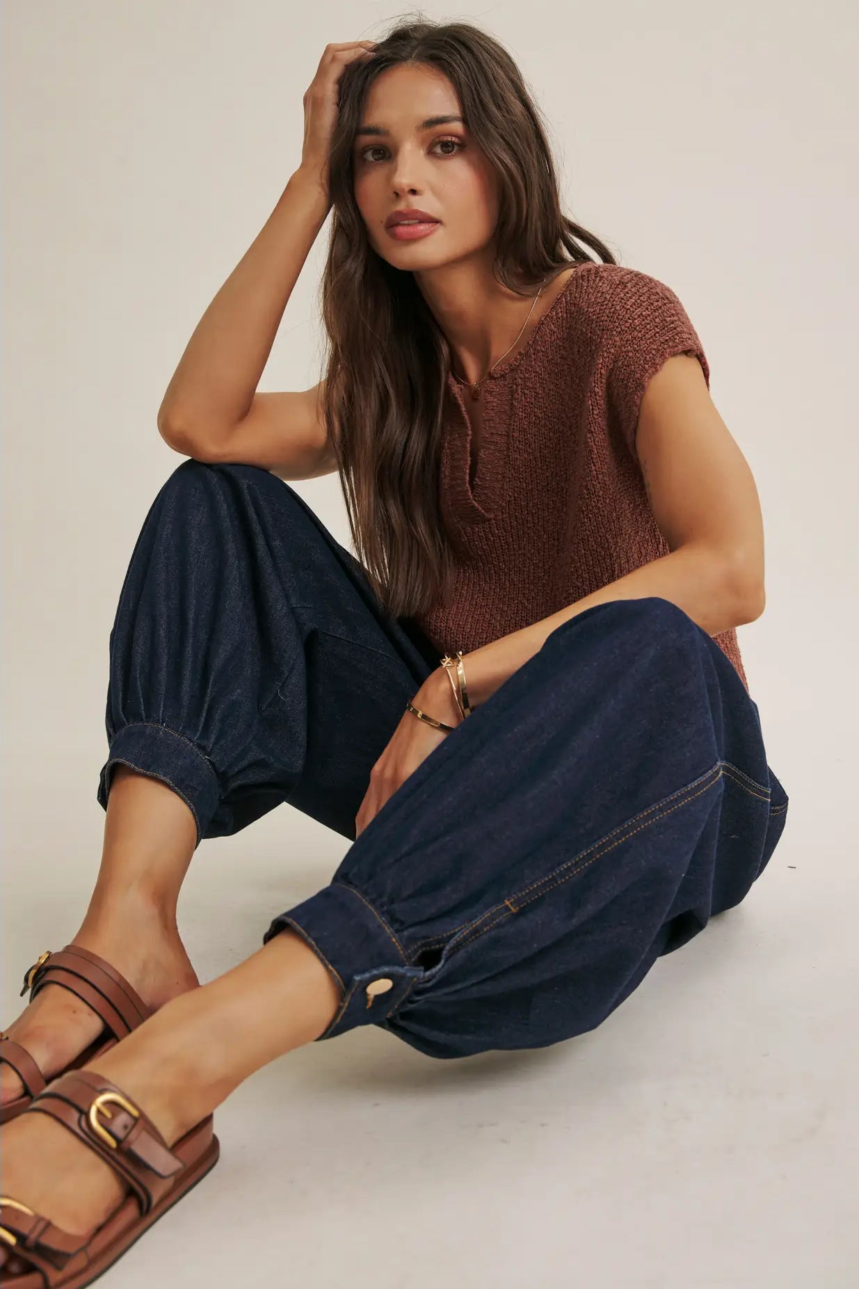 Cotton Slub Sweater Top Off Marsala