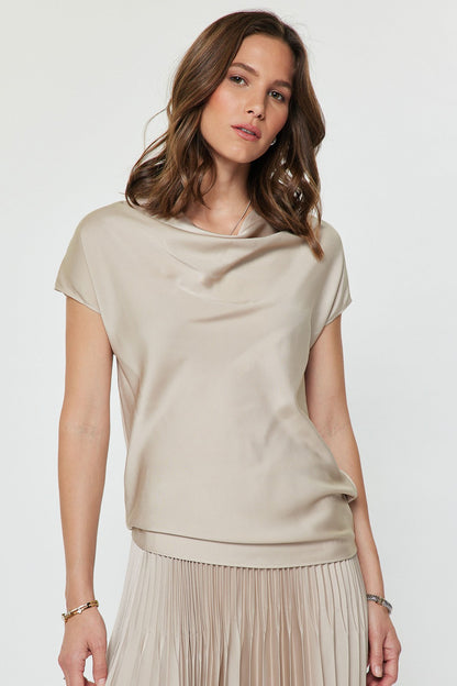Cowl Neck Woven Knit Combo Top Champagne