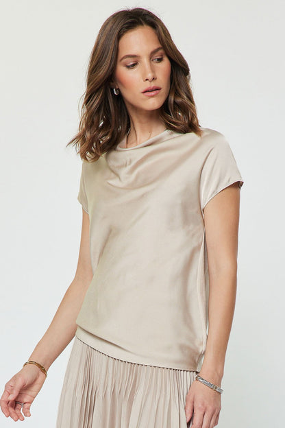 Cowl Neck Woven Knit Combo Top Champagne