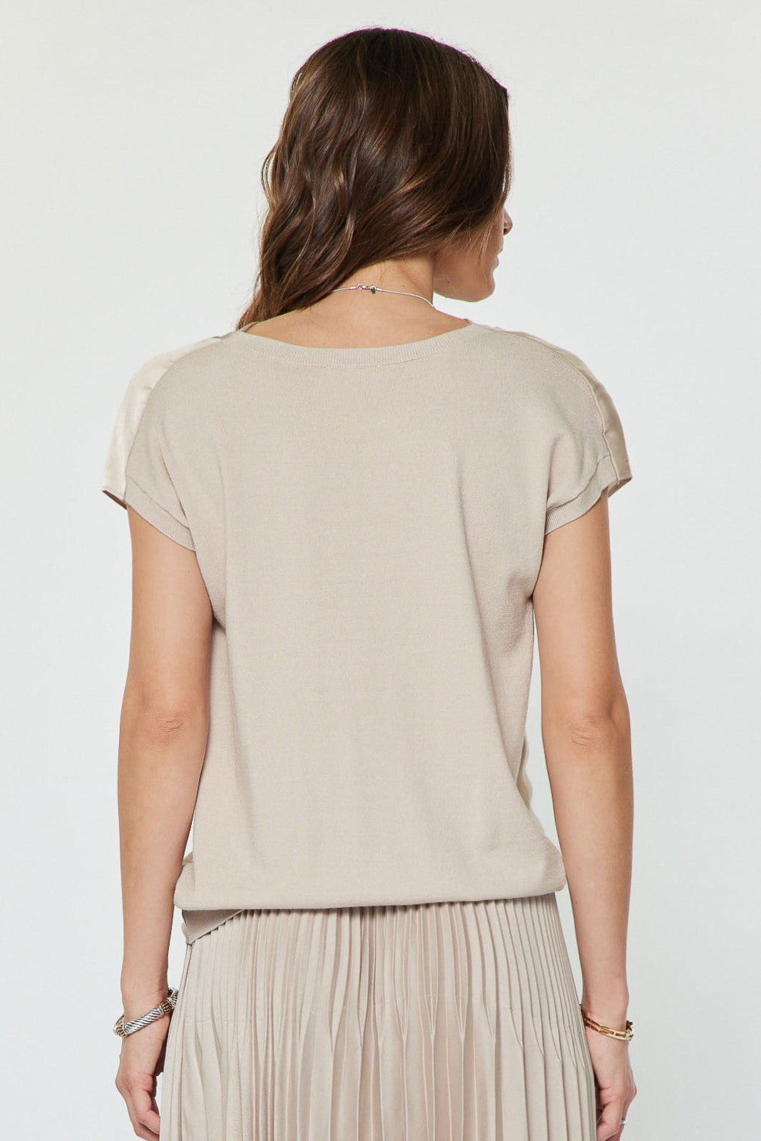 Cowl Neck Woven Knit Combo Top Champagne