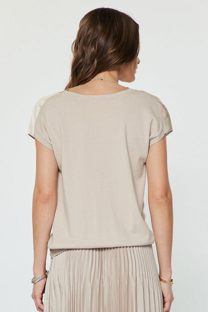 Cowl Neck Woven Knit Combo Top Champagne