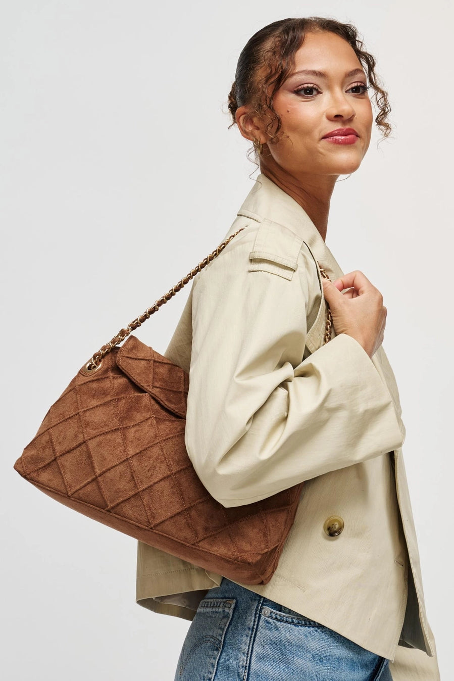 Crew Faux Suede Quilted Hobo Brown