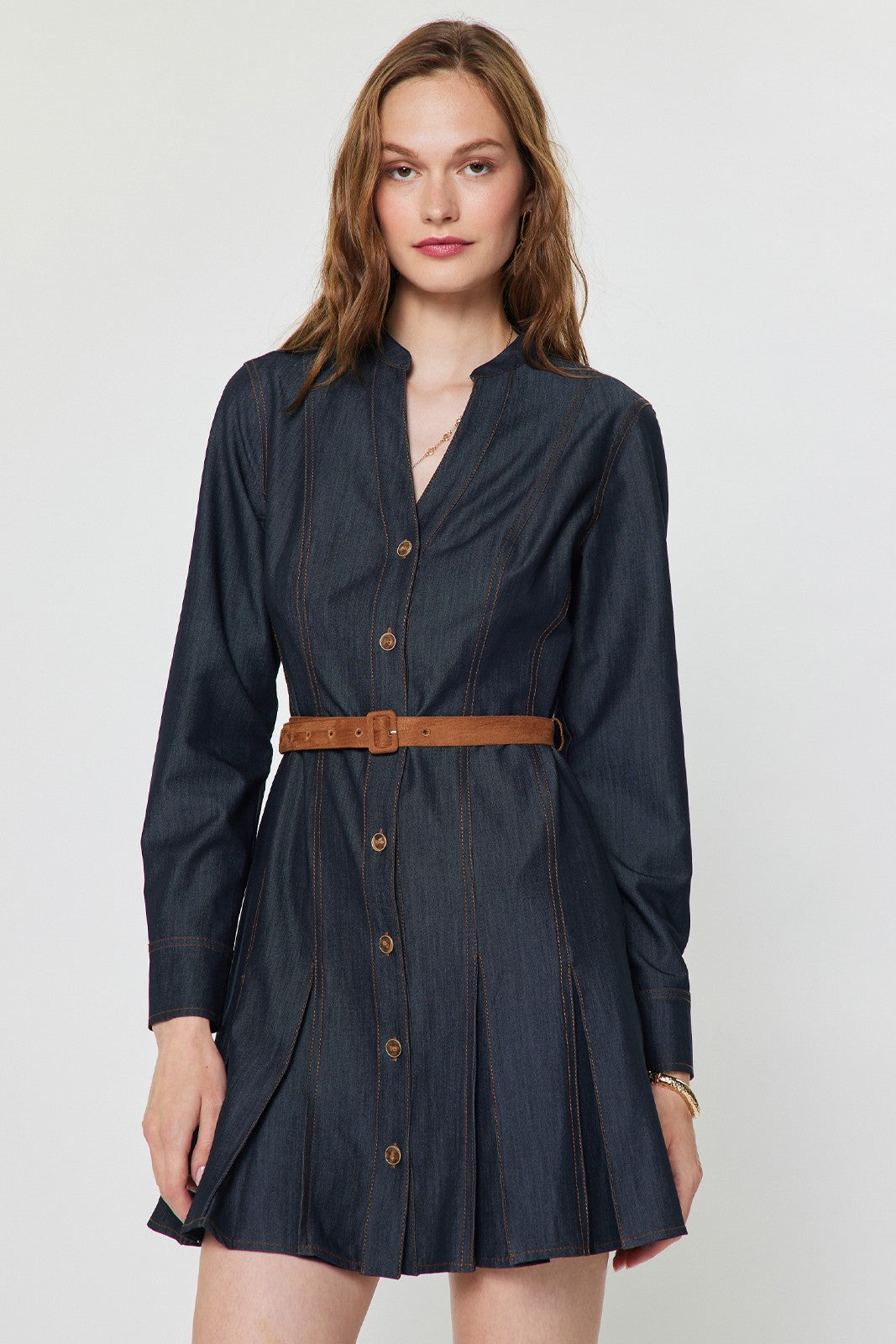 Denim Belted Mini Shirt Dress