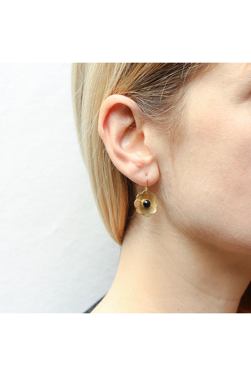 Dished Flower with Black Cabochon Earrings