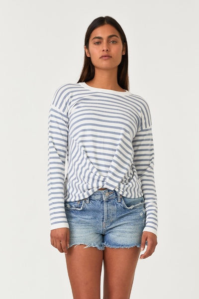 Dusty Blue Twist Front Striped Sweater