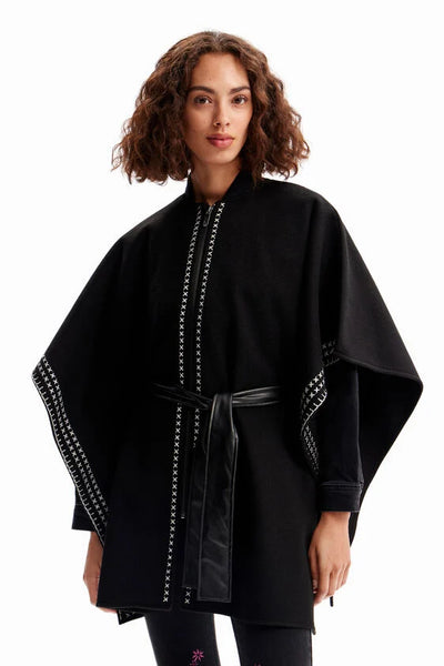 Embroidered Belted Poncho